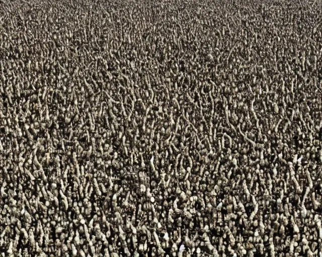 Prompt: a swarm of humans form an unreal locust formation. they fly in unison as one creature inspired by trypophobia