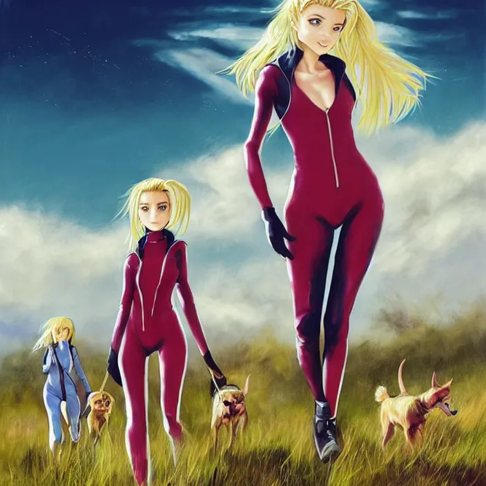 Image similar to full body portrait of a combination of Ashley Greene, Victoria Justice and Adriana Dxim, Grace Kelly and Lily Collins with blonde hair wearing a Plugsuit from Neon Genesis Evangelion and walking dogs, countryside, calm, fantasy character portrait, dynamic pose, above view, sunny day, thunder clouds in the sky, artwork by Jeremy Lipkin and Giuseppe Dangelico Pino and Michael Garmash and Rob Rey and Greg Manchess and Huang Guangjian, very coherent asymmetrical artwork, sharp edges, perfect face, simple form, 100mm