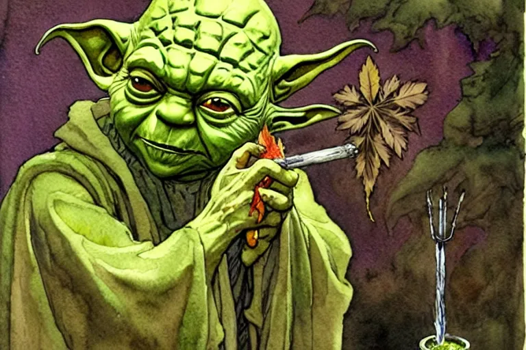 Image similar to a realistic and atmospheric watercolour fantasy character concept art portrait of yoda with bloodshot eyes laughing holding a blunt with a pot leaf nearby, by rebecca guay, michael kaluta, charles vess and jean moebius giraud