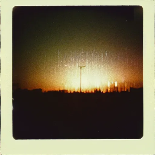 Image similar to a circle of lights flying through the sky, blurry photo, old polaroid, expired film, historical photo,