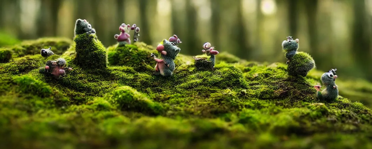 Image similar to tiny cute mossy forest creatures by bobby chiu, at sunset, macro photography, goro fujita, cute, adorable, cinematic