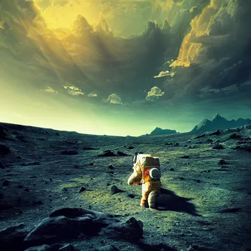 Image similar to Astronaut golden retriever, beautiful landscape, dramatic lighting, cinematic, establishing shot, extremly high detail, photorealistic, cinematic lighting, post processed, concept art, artstation, matte painting, style by greg rutkowsky