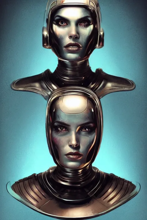 Prompt: retro-futuristic female android in old scratched chrome armour, vintage used look, facial portrait, rim light, ornate pattern, glowing eyes, evil expression, painting by vincent di fate, artgerm julie bell beeple, Smooth gradients, High contrast, depth of field, very coherent symmetrical artwork