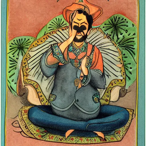 Image similar to mustachioed mexican vaquero sitting lotus position, persian folktale artstyle