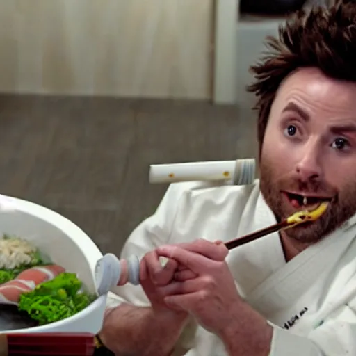 Image similar to Charlie Day eating sushi out of a white toilet bowl with chopsticks, 8k, photo realistic