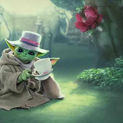 Prompt: adorable baby yoda in wonderland, tea party with the mad hatter, concept art, alice in wonderland background, comic book art, matte painting, cute, trending on artstation, cinematic, highly detailed, depth of field, octane render