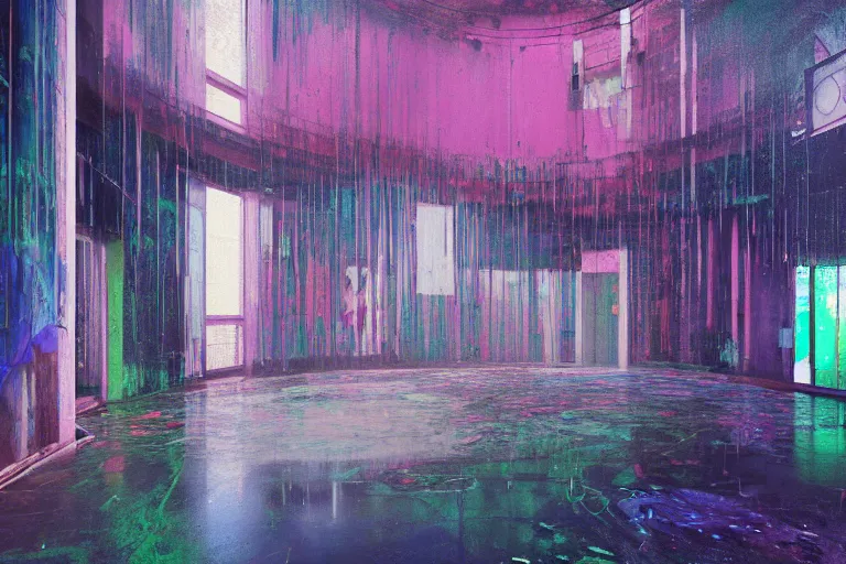 Image similar to abandoned 9 0 s interior with large organic circular windows, rain like a dream, oil painting, cinematic, dramatic, volumetric lighting, cyberpunk, basquiat + francis bacon + gustav klimt + beeple, elevated street art, fantasy lut, textural, pink, blue, purple, green,