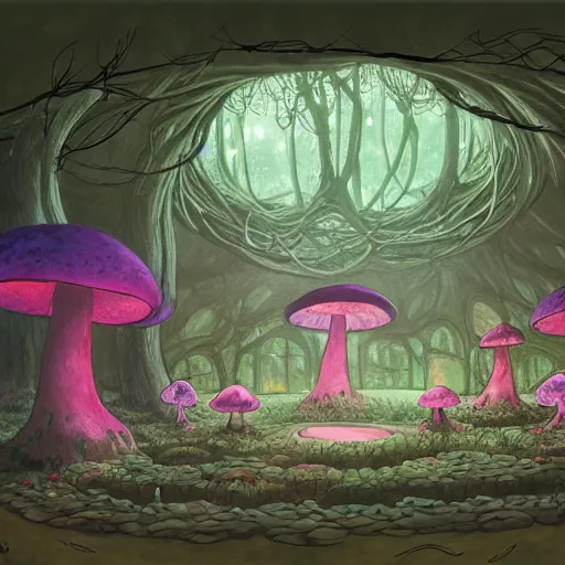 Image similar to concept art painting of a interior of a fungal circular alien fantasy fairytale house made of mushrooms, with black vines, realistic, detailed, cel shaded, magenta and gray, dark, in the style of makoto shinkai and greg rutkowski and james gurney