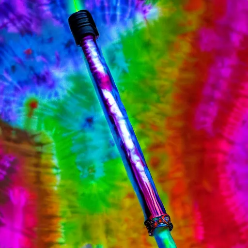 Image similar to a light saber with tie dye colored blade, uncropped, photography