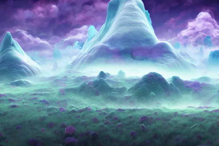 Image similar to a psychedelic realm in another dimension with rolling plains made out of clouds, mountains made out of icebergs, and plant life made out of cotton candy, in the style of wlop, illustration, epic, fantasy, hyper detailed, smooth, unreal engine, sharp focus, ray tracing