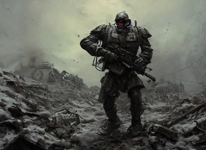 Image similar to demonic t - 8 0 0 terminator in world war two eastern front setting, dieselpunk, winter concept art, artstation, stephen bliss, unreal engine, art by greg rutkowski, loish, rhads, ferdinand knab, makoto shinkai and lois van baarle, pixar, rossdraws, tom bagshaw, global illumination, radiant light, detailed and intricate environment