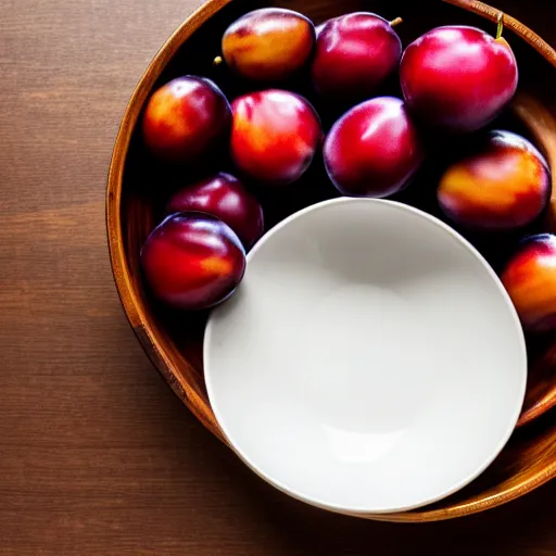 Image similar to photo of a thick porcelain bowl filled with a few moist freshly picked plums on a wooden table. volumetric lighting. 4 k. small scale. realistic. top down.