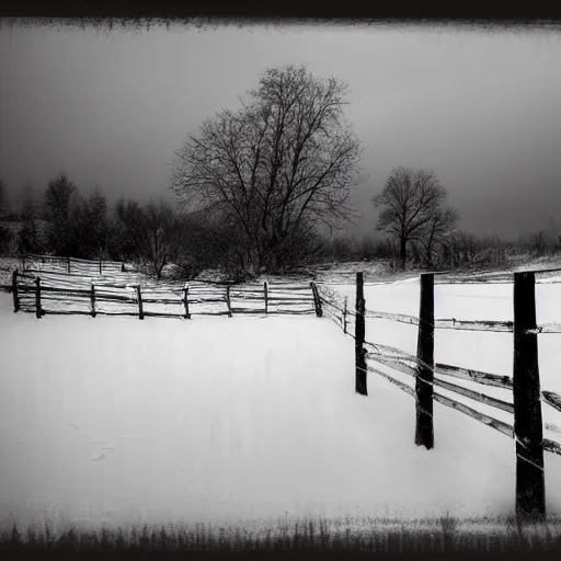 Prompt: rule of thirds, masterpiece with dramatic lighting. loose brush strokes. foreboding sky over white winter scene. ice! mysterious tones. isolation. fallen tree in fog. old wooden fence fading. artwork trending on artstation in the style of landscape artist jeffrey thomas