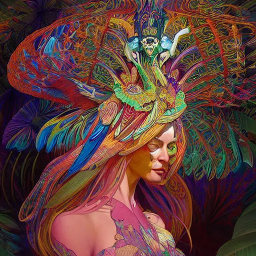 Image similar to A reality bending psychedelic ayahuasca experience, colorful, distorted, surreal, tropical bird feathers, dramatic lighting on the face, intricate, elegant, highly detailed, digital painting, concept art, smooth, sharp focus, illustration, art by Krenz Cushart and Wayne Barlowe and alphonse mucha