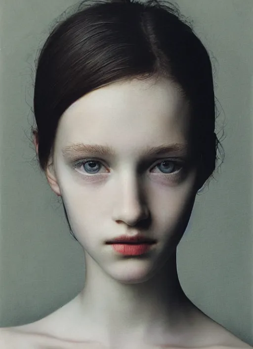 Prompt: close - up portrait of beautiful young girl, gray background, art by paolo roversi