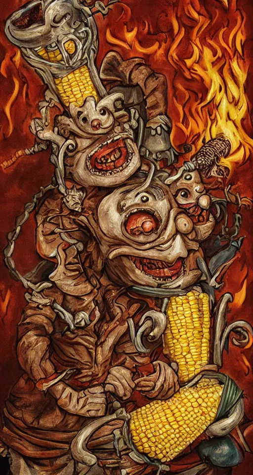 Prompt: jester with a sad face riding a flaming tiger into a meat grinder, and a corn on the cob with teeth is coming out on the other end, highly detailed, realistic, 4 k, bloody