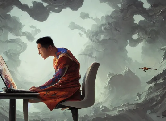 Image similar to an insanely detailed painting of an asian man wearing a homemade superhero costume, sitting at a desk, staring seriously at the computer and typing, in the style of peter mohrbacher, james jean, ruan jia, dramatic lighting and composition, surreal background, octane render, pixar, trending on artstation, concept art, comic book, view from behind, 8 k