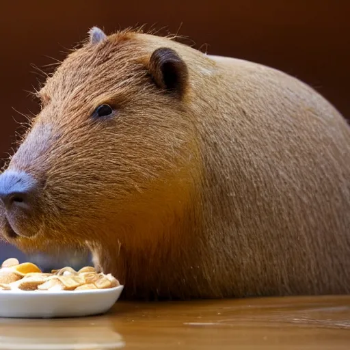 Prompt: capybara drowning in a bowl of milk and cereal