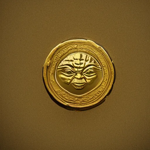 Prompt: An ancient gold coin with the Yoda on it along with ancient writing and its value, cinematic, hyper realism, high detail, octane render, 8k