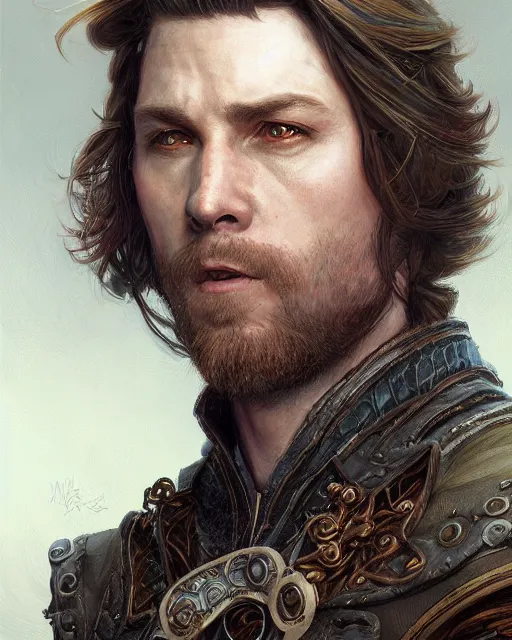 Image similar to white male rogue bard portrait, highly detailed, very intricate, cinematic lighting, closeup painted portrait, by donato giancola and rossdraws and magali villenueve, featured on artstation