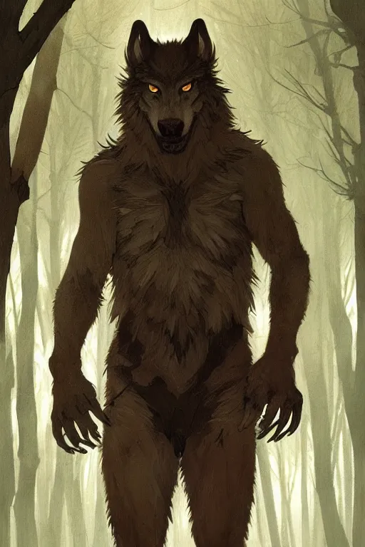 Image similar to fullbody portrait of a male werewolf, bared teeth, long claws, by greg rutkowski and alphonse mucha, gradient brown to silver, in front of a forest at night background, highly detailed, digital painting, artstation, concept art, smooth, sharp focus illustration