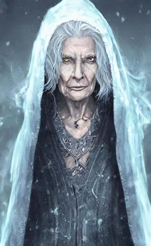 Image similar to an older woman with silver hair and piercing blue eyes. she's wearing a dark, hooded cloak and looks like she knows her way around a sword, dynamic lighting, photorealistic fantasy concept art, trending on art station, stunning visuals, creative, cinematic, ultra detailed