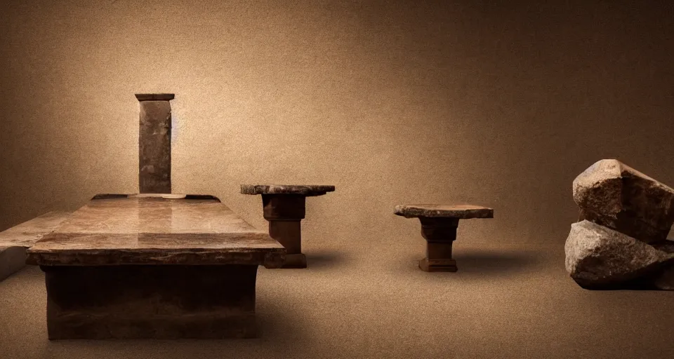 Prompt: studio photography of two ancient stone tables, ten commandments, studio lighting, solid color background 8k