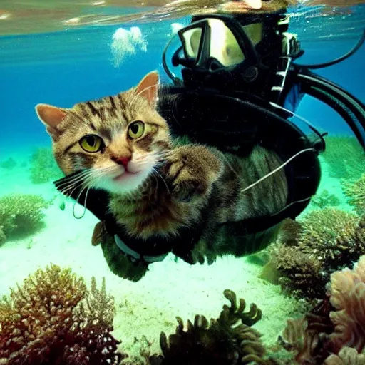 Prompt: high quality underwater photo of a cat scuba diver, wearing norkel mask!!