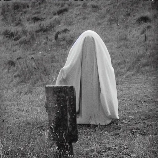 Image similar to scary unproportionally tall disfigured ghost creature in the middle of an old medieval battlefield, 35mm picture