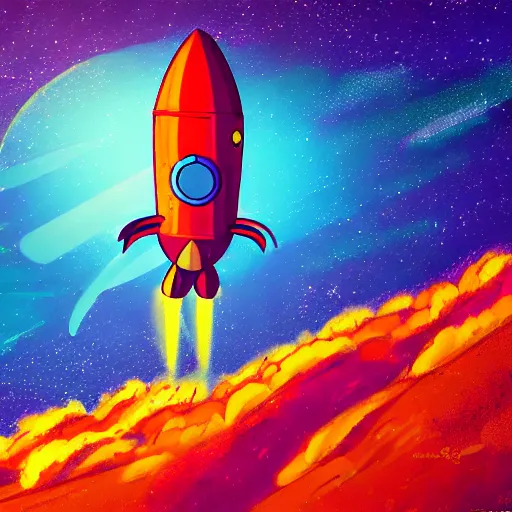 Prompt: A rocketship about to land on an unfamiliar planet, super cool rocket, Acrylic Paint, Concept Art, Digital Art, 16-bit RGB, Global Illumination