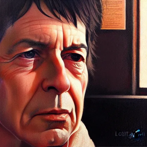 Image similar to of an ultradetailed beautiful portrait panting of leonard cohen, front view, oil painting, by ilya kuvshinov, greg rutkowski and makoto shinkai