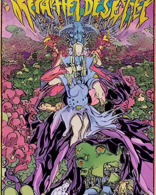 Prompt: the destroyer of worlds, the taker of lives, magical forest, art by Moebius and Yusei Uesugi