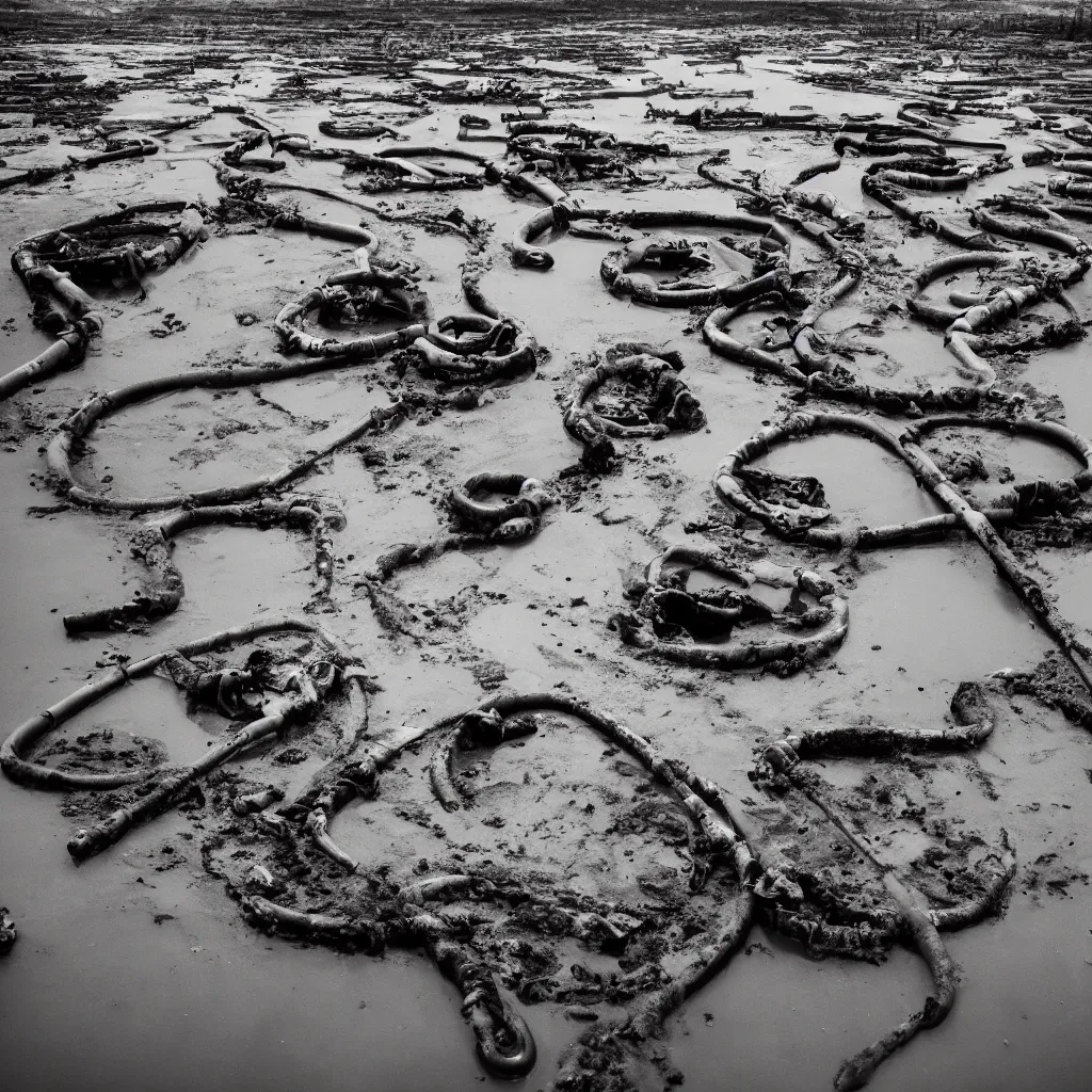 Prompt: corpses and bones buried in oil and crossed by rusty pipes in a glowing lake of the end of the world, leica, 2 4 mm