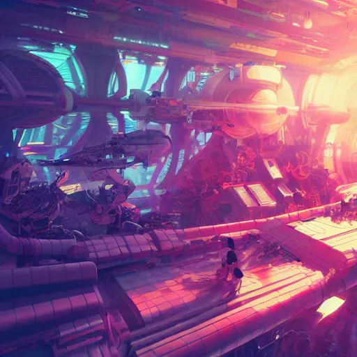 Image similar to neo brutralism, futuristic crowded space station interior, colorful, hyperrealistic, cgsociety, octane render, 8k, realistic depth, 3D feeling, sunlight, shadows, reflections, romanticism, 3D, realistic depth, in the style of Akihiko Yoshida and Greg Rutkowski