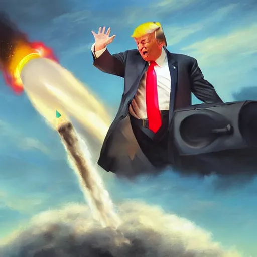 Image similar to masterpiece painting of donald trump riding a nuclear missile, surreal background, digital art by krenz cushart, trending on artstation, cgsociety,