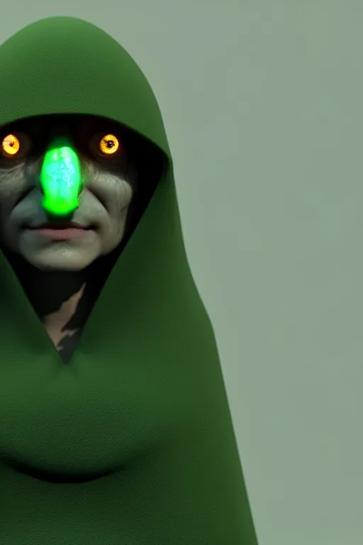Image similar to A cute shaman with no nose, glowing eyes and a very long hooded dark green cloak of leaves by Vivien Lulkowski and Julien Kaspar, 3D render, stylized, Cycles Render