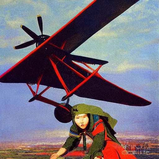 Image similar to a charles r knight painting of a yokai piloting a propeller plane