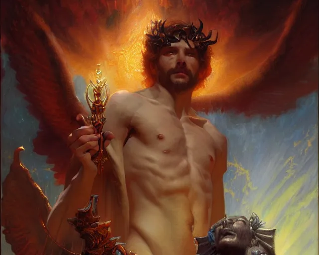 Image similar to grandiose male deity, casting demonic magic, summoning handsome lucifer morning star. highly detailed painting by gaston bussiere, craig mullins, j. c. leyendecker 8 k