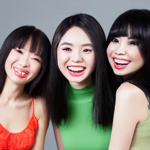 Prompt: close up studio shot of a group of beautiful young mixed Chinese Japanese women, long black hair, green eyes, laughing, photorealistic,8k, XF IQ4, 150MP, 50mm, F1.4, ISO 200, 1/160s, natural light