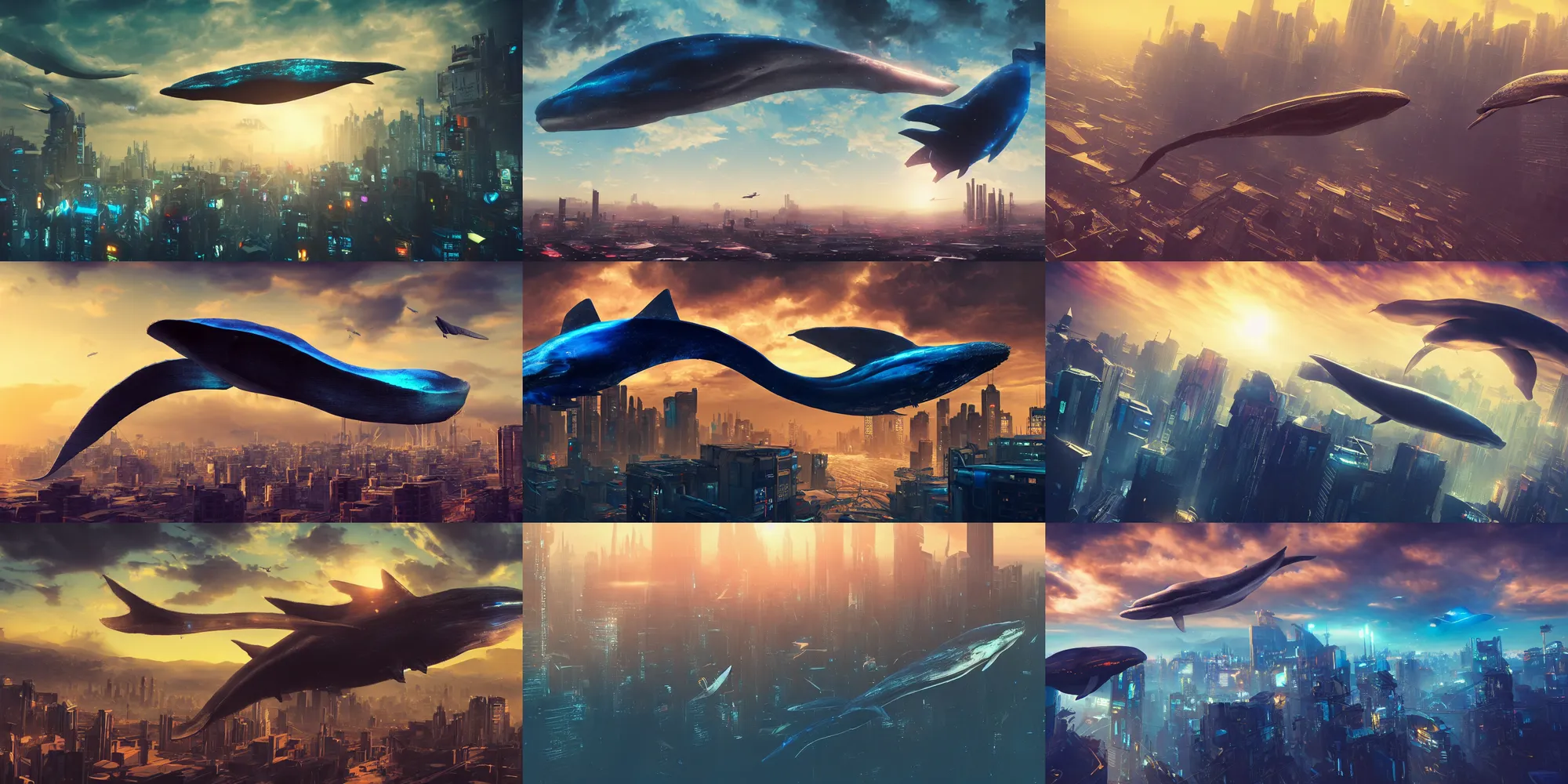 Prompt: a cyberpunk blue whale is flying high in the sky above the city, epic, surreal, cinematic shot, golden hour, artstation, deviantart, dreamy atmosphere, high definition