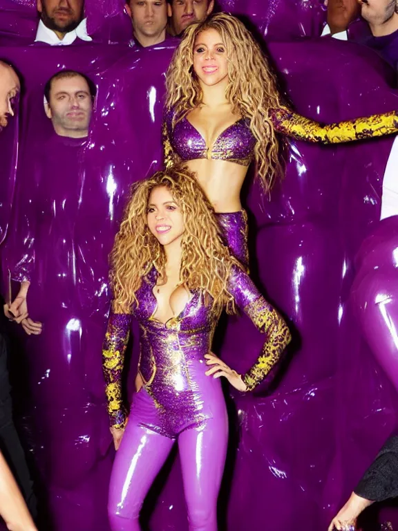 Prompt: shakira wearing very tight translucent purple and gold latex crazy outfit met gala photoshoot