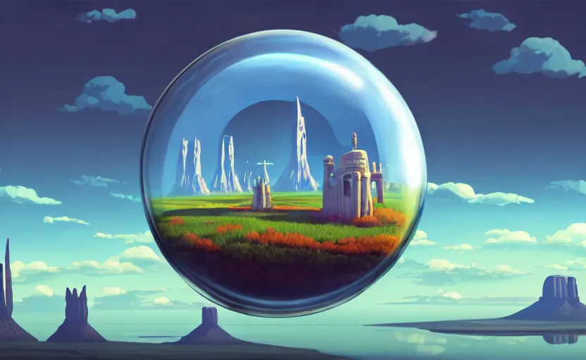 Image similar to a scary hyperrealist painting of a rocketship in a giant transparent bubble from howl's moving castle ( 2 0 0 4 ) in a flooded monument valley stonehenge jungle. depth perception, 4 k, artstation, in the style of studio ghibli