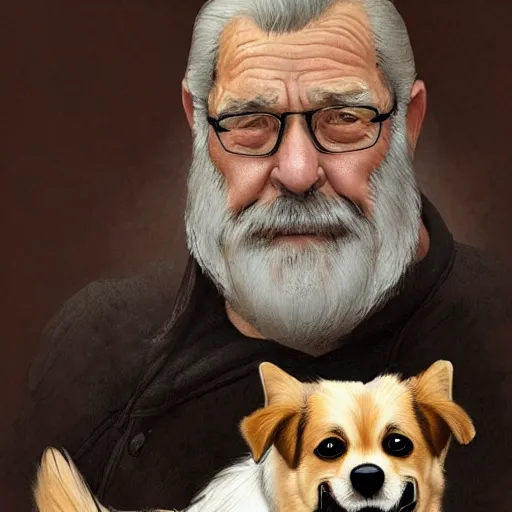 Image similar to portrait of a old, ruggedly handsome man holding a corgi dog, soft hair, muscular, half body, cloth, hairy, d & d, fantasy, intricate, elegant, highly detailed, digital painting, artstation, concept art, smooth, sharp focus, illustration, art by artgerm and greg rutkowski and alphonse mucha