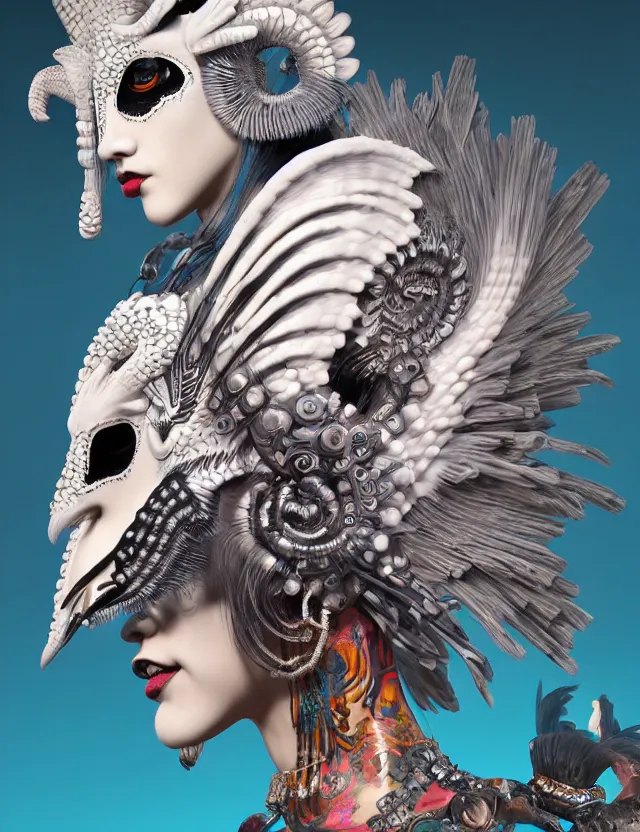 Image similar to 3 d goddess close - up profile portrait punk with mohawk with ram skull. beautiful intricately detailed japanese crow kitsune mask and clasical japanese kimono. betta fish, jellyfish phoenix, bio luminescent, plasma, ice, water, wind, creature, artwork by tooth wu and wlop and beeple and greg rutkowski