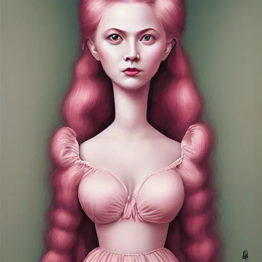 Image similar to a portrait of a beautiful woman with pink hair by mark ryden insanely quality, elegant, highly detailed, digital painting, artstation,, concept art, pop, smooth, sharp focus, illustration, art by mark ryden and 3 d 8 k ultra detailed