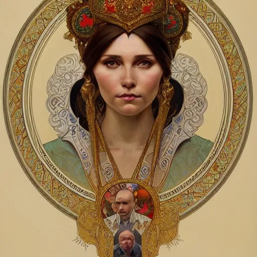 Image similar to a portrait of a putin, upper half portrait, decorated with russian motifs, traditional russia, intricate, elegant, highly detailed, symmetry, headpiece, digital painting, artstation concept art smooth sharp focus, illustration, art by artgerm and greg rutkowski alphonse mucha 8 k