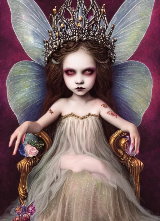 Image similar to highly detailed closeup portrait of a goth fairy princess wearing a crown and sitting on a throne, nicoletta ceccoli, mark ryden, lostfish, earl nore, global illumination, god rays, detailed and intricate environment