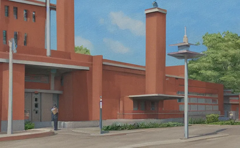 Prompt: Police station. By Frank Lloyd Wright, concept art, digital painting, highly detailded