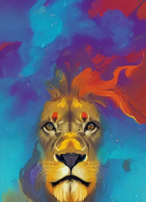 Image similar to a painting of a lion's face with blue and yellow smoke coming out of, a digital painting by petros afshar, behance contest winner, digital art, behance hd, digital illustration, digital painting