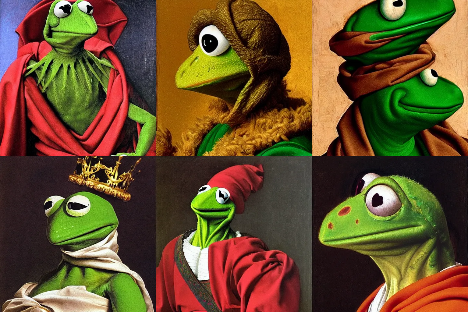 Image similar to A extremely highly detailed majestic hi-res beautiful, highly detailed head and shoulders painting of kermit the frog in royal medieval kingly robes by Michelangelo Merisi da Caravaggio,